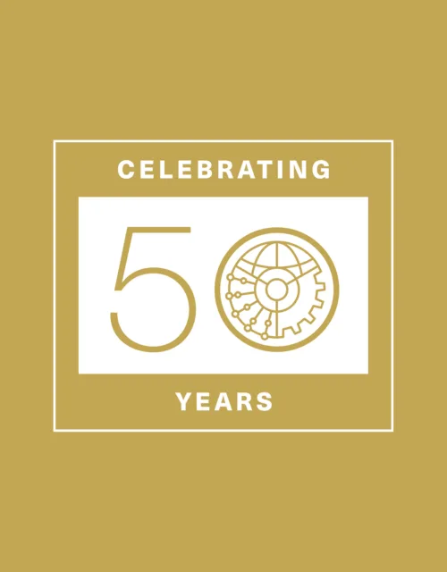 Gold background with a white rectangular frame containing the text “CELEBRATING 50 YEARS” and a circular graphic of a globe with connected lines and gear shapes.