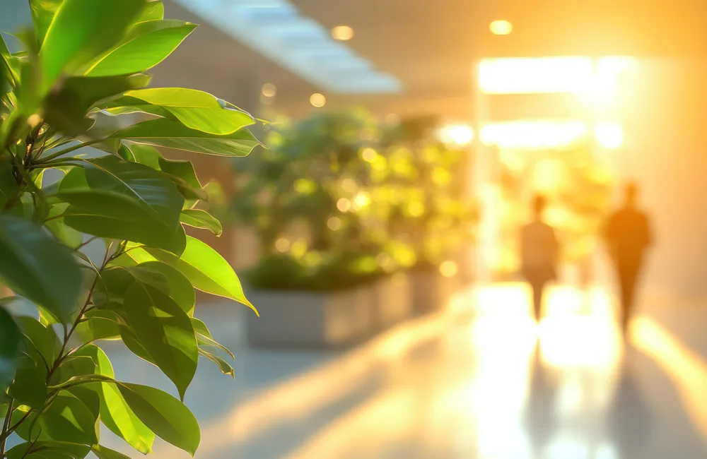 Close-up of green leaves in a sunlit indoor corridor with plants and soft light in the background.