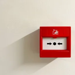 A red fire alarm call point mounted on a white wall. It features a white square with a black dot and two black arrows pointing inward, and an icon of a house with flames above the square.