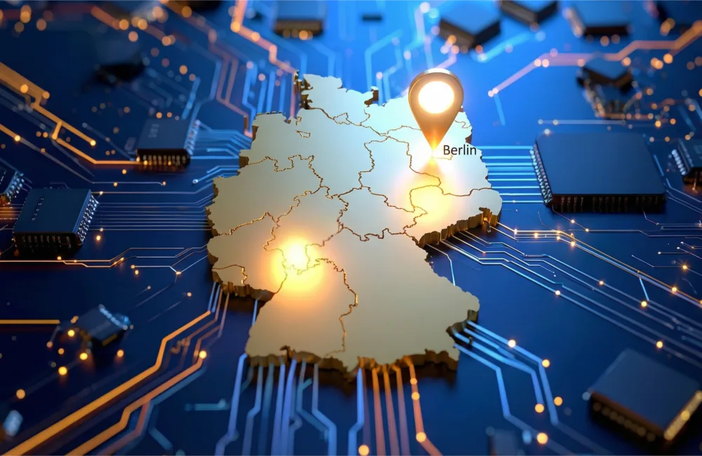 A 3D map of Germany placed on a circuit‑board background, with glowing points of light and a location pin marking Berlin. Visible circuit traces and components surround the map.