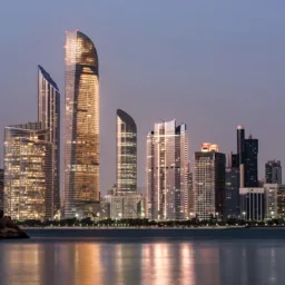 A waterfront city skyline at dusk featuring illuminated high-rise buildings with varied shapes, reflected in calm water, with a rocky shoreline in the foreground and a clear evening sky above.