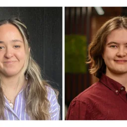 Two individuals are shown in side‑by‑side portraits. The left person has long, light brown hair and wears a striped purple shirt against a dark background. The right person has medium‑length brown hair and wears a burgundy button‑up shirt in an indoor setting.