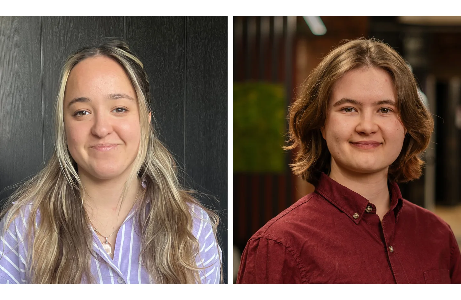Two individuals are shown in side‑by‑side portraits. The left person has long, light brown hair and wears a striped purple shirt against a dark background. The right person has medium‑length brown hair and wears a burgundy button‑up shirt in an indoor setting.