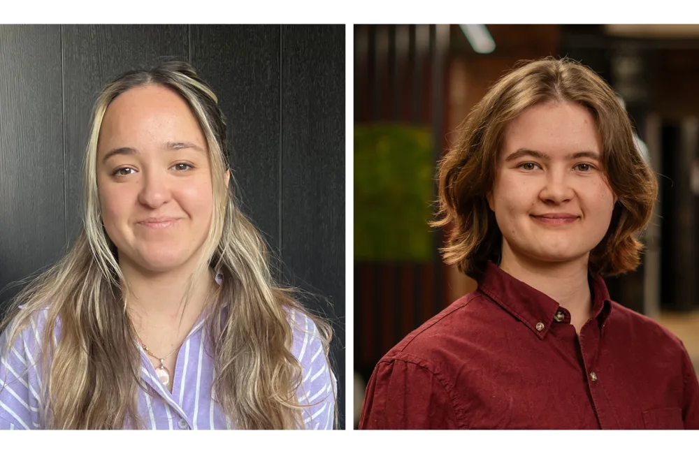 Two individuals are shown in side‑by‑side portraits. The left person has long, light brown hair and wears a striped purple shirt against a dark background. The right person has medium‑length brown hair and wears a burgundy button‑up shirt in an indoor setting.