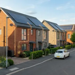 AI generated image of a residential street in Britain with two story semi-detached houses with solar panels on the roofs and illustrated energy lines.