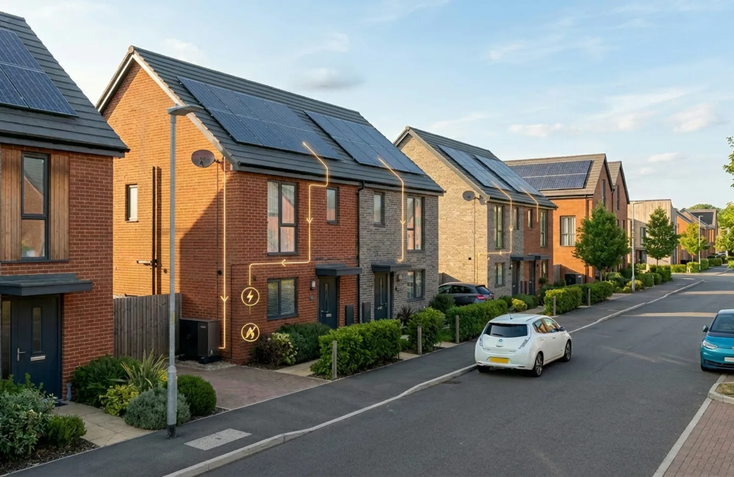 AI generated image of a residential street in Britain with two story semi-detached houses with solar panels on the roofs and illustrated energy lines.