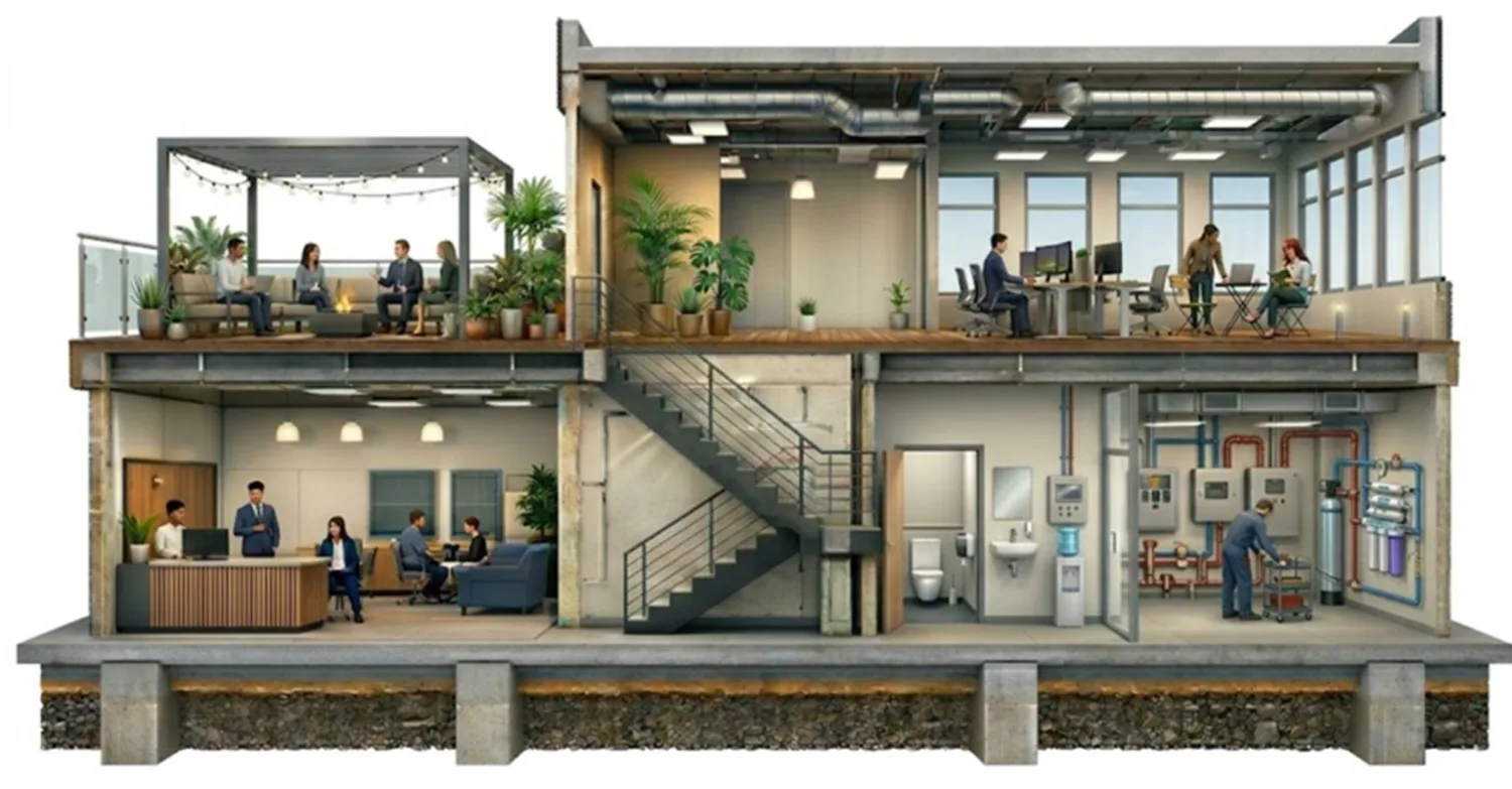 A cross‑section of a two‑story building showing office workspaces, meeting areas, a rooftop terrace, a central staircase, restrooms, and a mechanical room with equipment and pipes.