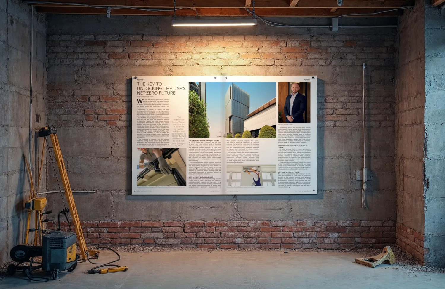 Large poster mounted on a brick wall in an unfinished room; heading reads “THE KEY TO UNLOCKING THE UAE’S NET ZERO FUTURE”; includes images and multiple text sections; construction tools and equipment visible around.