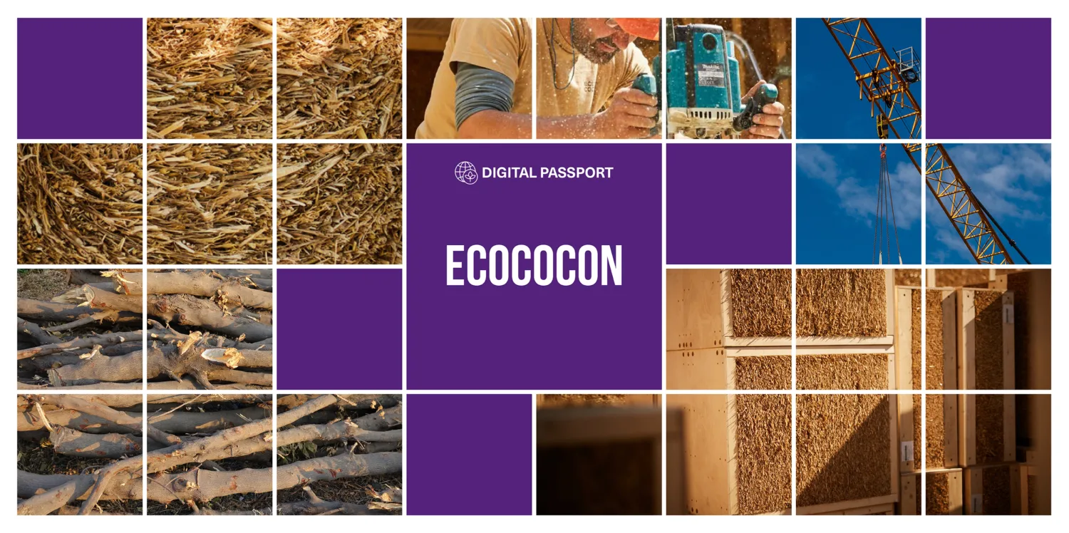 Collage of images relating to Ecococon, wood, wood textures, workman using jogsaw and crane against a blue sky