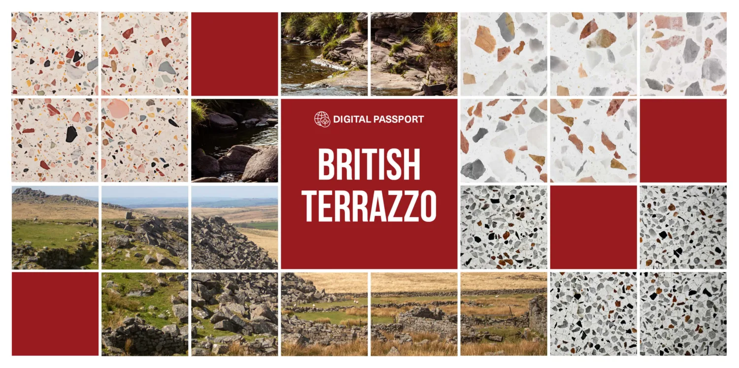 Collage of photos showing terrazzo and the British countryside