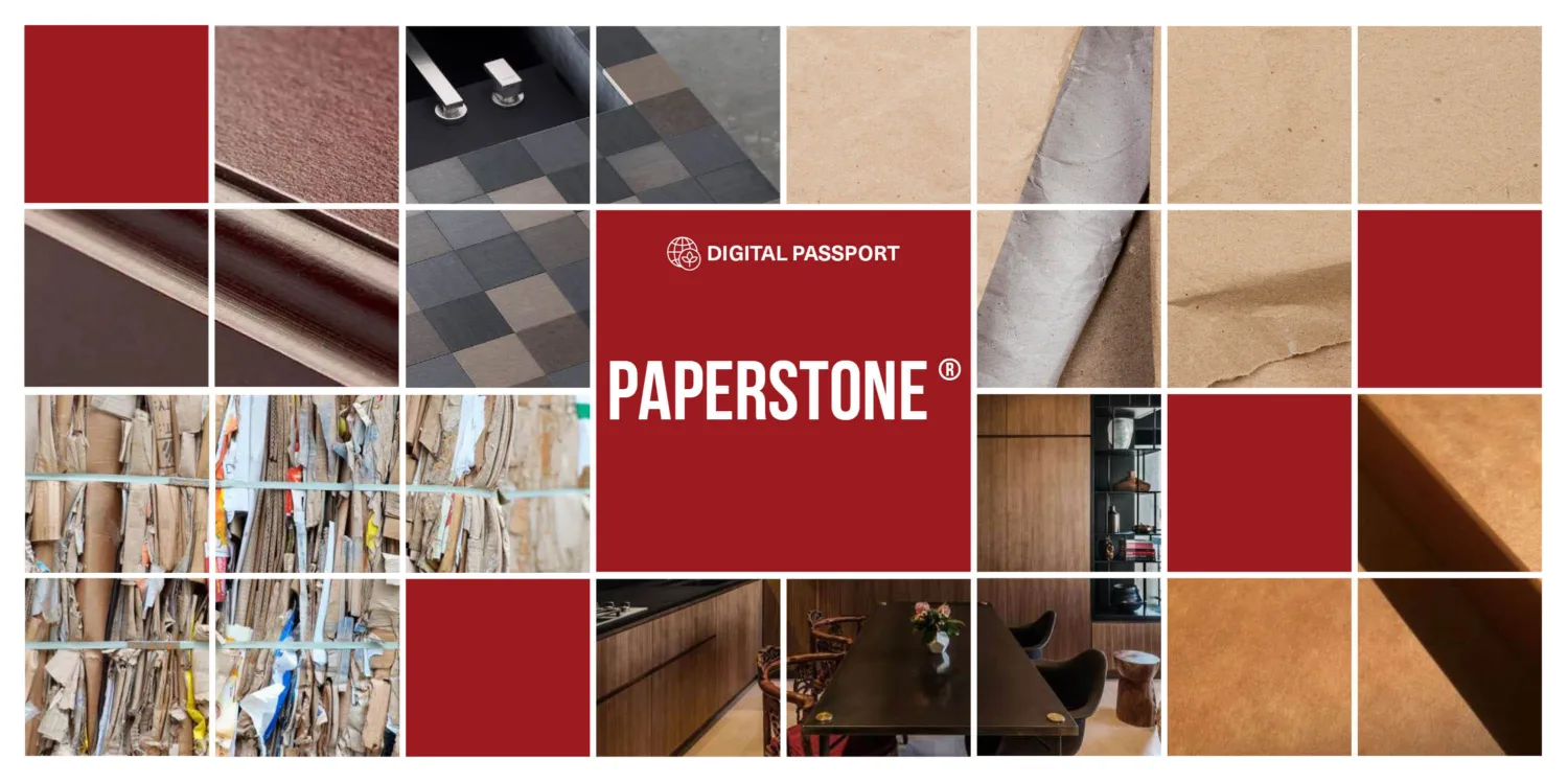 Collage of PaperStone® product examples and recycling of paper