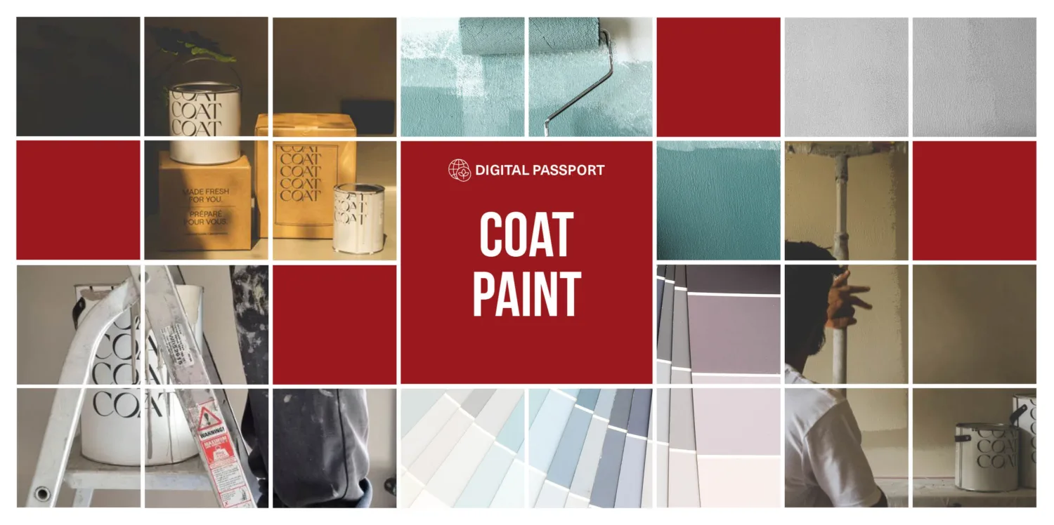 Collage of COAT paint supplies and paint swatches