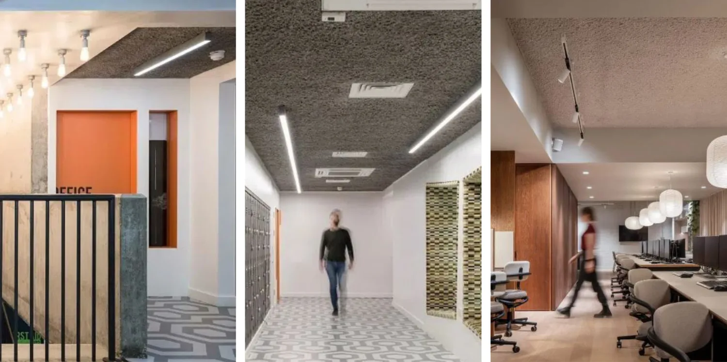 A collage of three photos showing SonaSpray on the ceilings