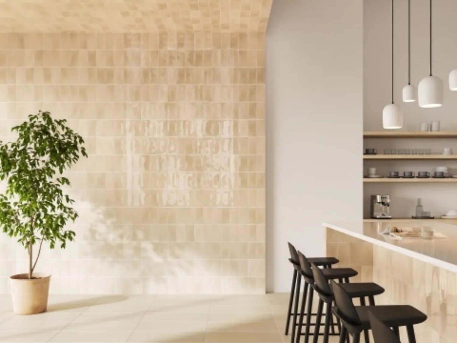 A neutral kitchen with beige coloured Classics Tide tiles and a large green plant