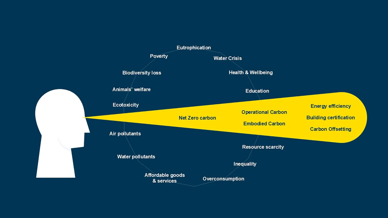 White silhouette of a head with a yellow cone projecting from the eye, containing text on carbon topics like “Net Zero carbon” and “Energy efficiency.” Surrounding are issues such as “Health & Wellbeing,” “Water Crisis,” and “Biodiversity loss.”