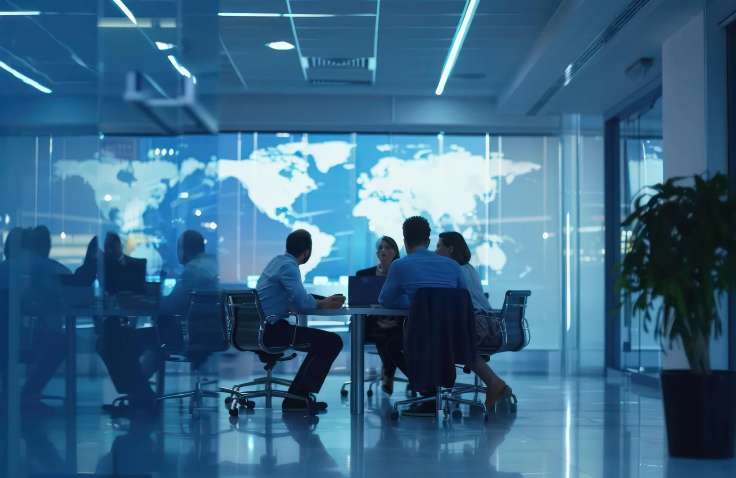 Business professionals discussing global currency exchange rates in a modern office