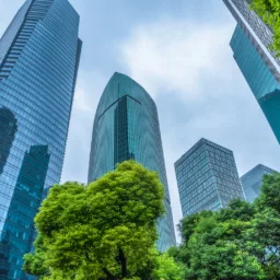 A group of modern glass-clad high-rise buildings viewed from below, with reflective facades under a cloudy sky, surrounded by dense green trees and foliage in the foreground.