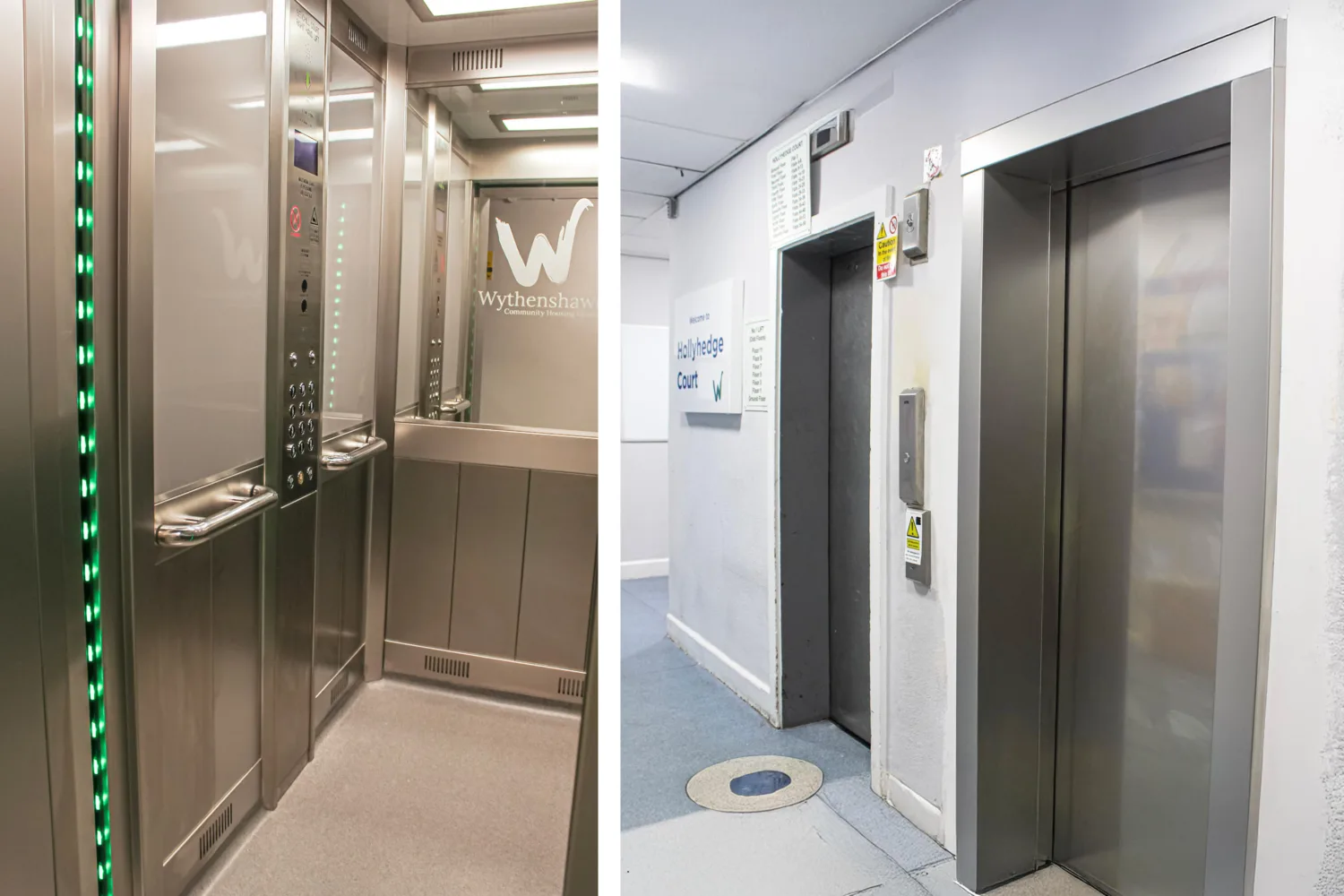 (Left) Wythenshawe lift with buttons on the left and a glass mirror on the back wall, with Wythenshawe logo on top. (Right) Lobby view of Wythenshawe lifts with doors closed