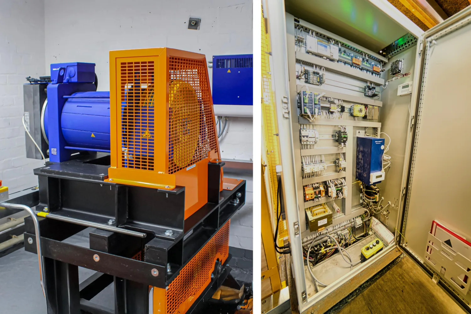 (Left) Orange and blue coloured lift machine. (Right) The inside of a lift controller