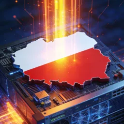 A stylized 3d map of Poland rests on top of a server, with glowing vertical light beams and circuit-like lines around it, set against a dark blue, technology-themed background.
