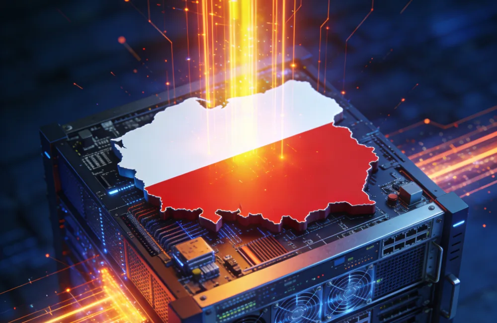 A stylized 3d map of Poland rests on top of a server, with glowing vertical light beams and circuit-like lines around it, set against a dark blue, technology-themed background.