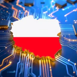 Outline of Poland filled with white and red horizontal stripes, placed on a blue circuit board with visible gold pathways and black microchips, symbolizing technology and connectivity.