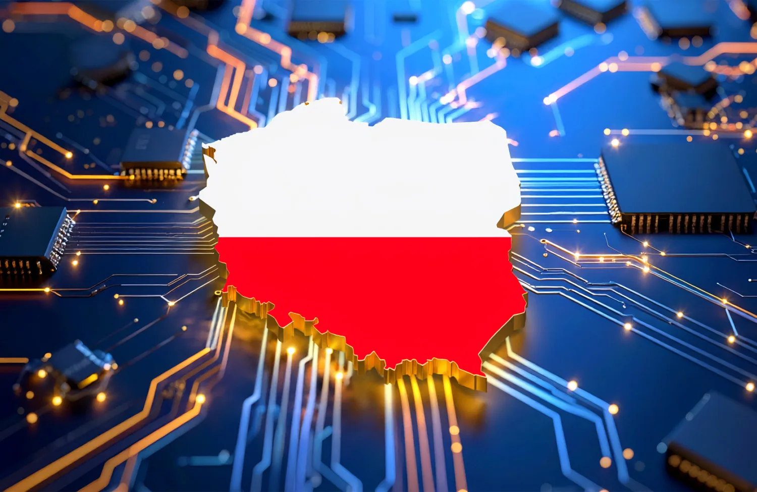 Outline of Poland filled with white and red horizontal stripes, placed on a blue circuit board with visible gold pathways and black microchips, symbolizing technology and connectivity.