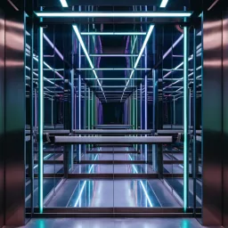 Generated by AI, an Interior of a modern elevator with mirrored walls and ceiling, illuminated by blue and purple neon grid lights. The metallic floor reflects the lights, creating a sleek, futuristic appearance. No people or text are visible.