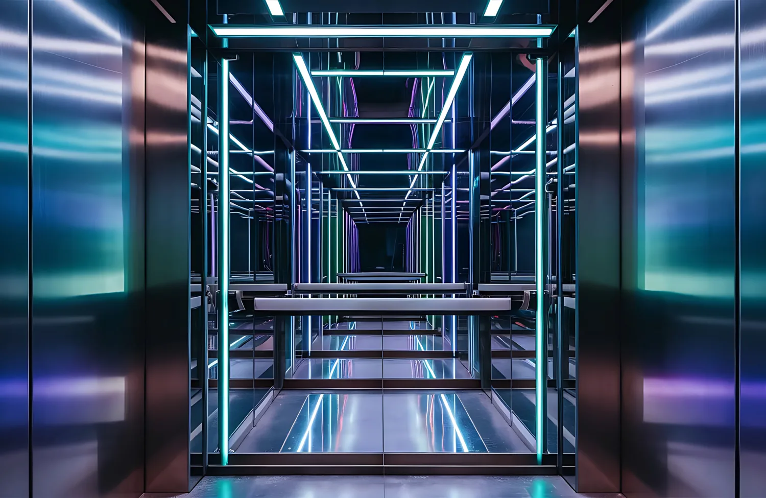 Generated by AI, an Interior of a modern elevator with mirrored walls and ceiling, illuminated by blue and purple neon grid lights. The metallic floor reflects the lights, creating a sleek, futuristic appearance. No people or text are visible.
