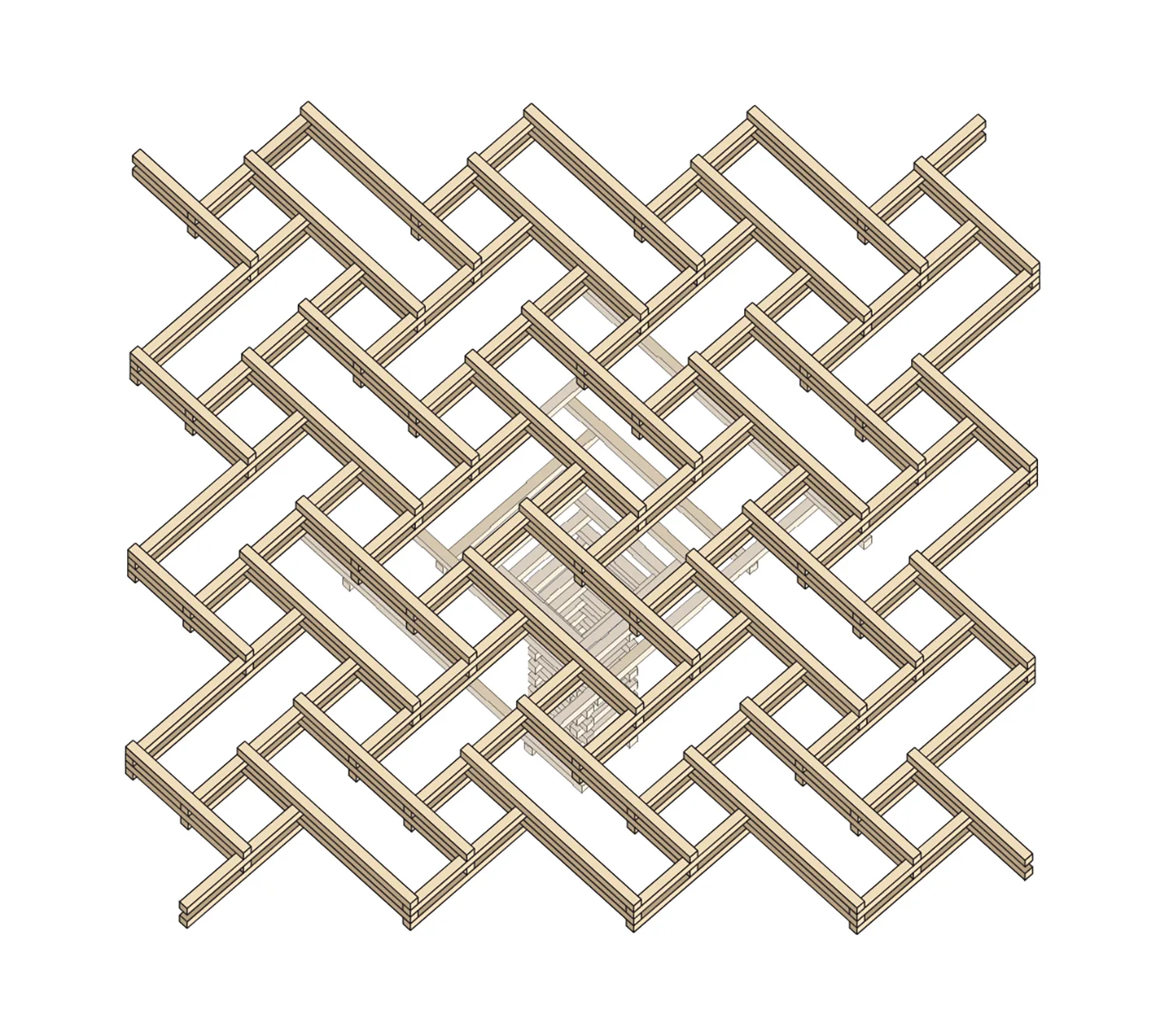 A geometric wooden lattice made of light brown rectangular frames arranged in a repeating, interwoven pattern, forming a three-dimensional overlapping structure.