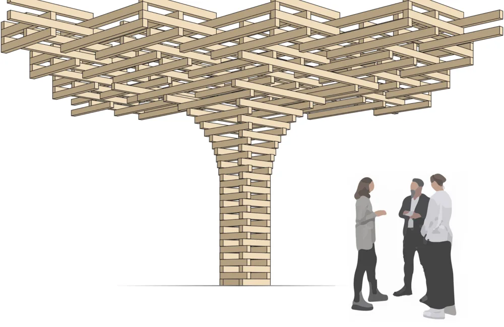 A large wooden structure shaped like a tree with a wide canopy of interlocking beams and a narrow trunk; three people stand to the right, conversing.
