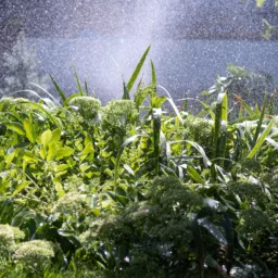 Dense green garden plants with broad leaves and clustered flower heads are sprayed with fine water droplets, creating a misty background and wet foliage in outdoor daylight.
