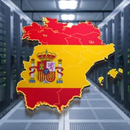 Rows of server racks in a data centre with a digitally superimposed outline map of Spain filled with Spanish flag colours and emblem in the centre.
