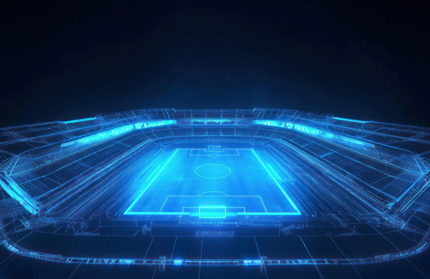 Digital illustration of a large stadium shown in a blue wireframe style. Tiered seating surrounds a rectangular football pitch with marked lines, viewed from above against a dark background.