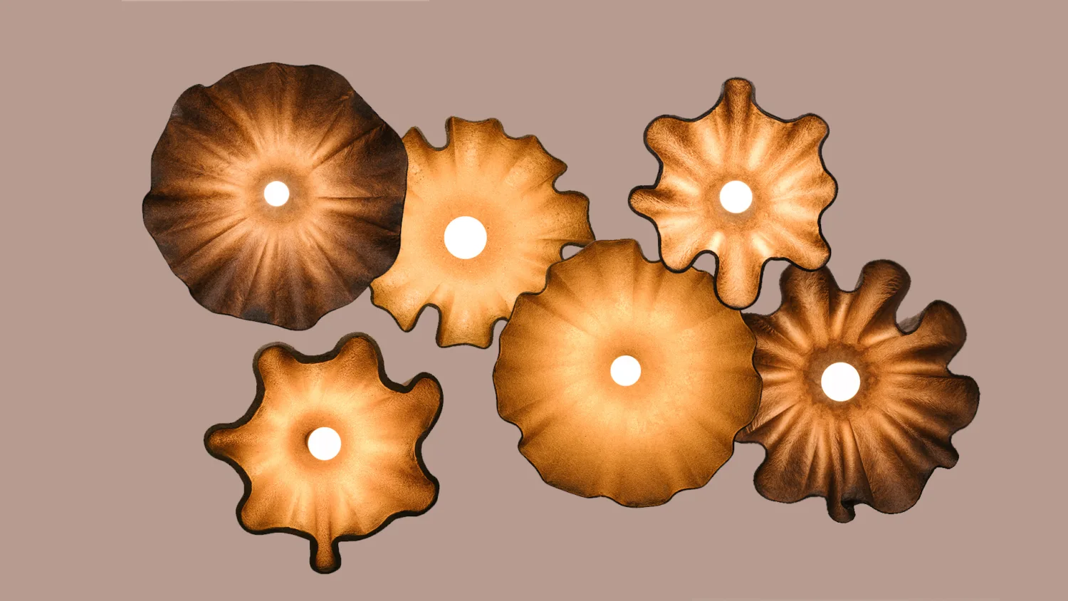 Several Obscure lampshades visible from the underside with their lightbulbs on