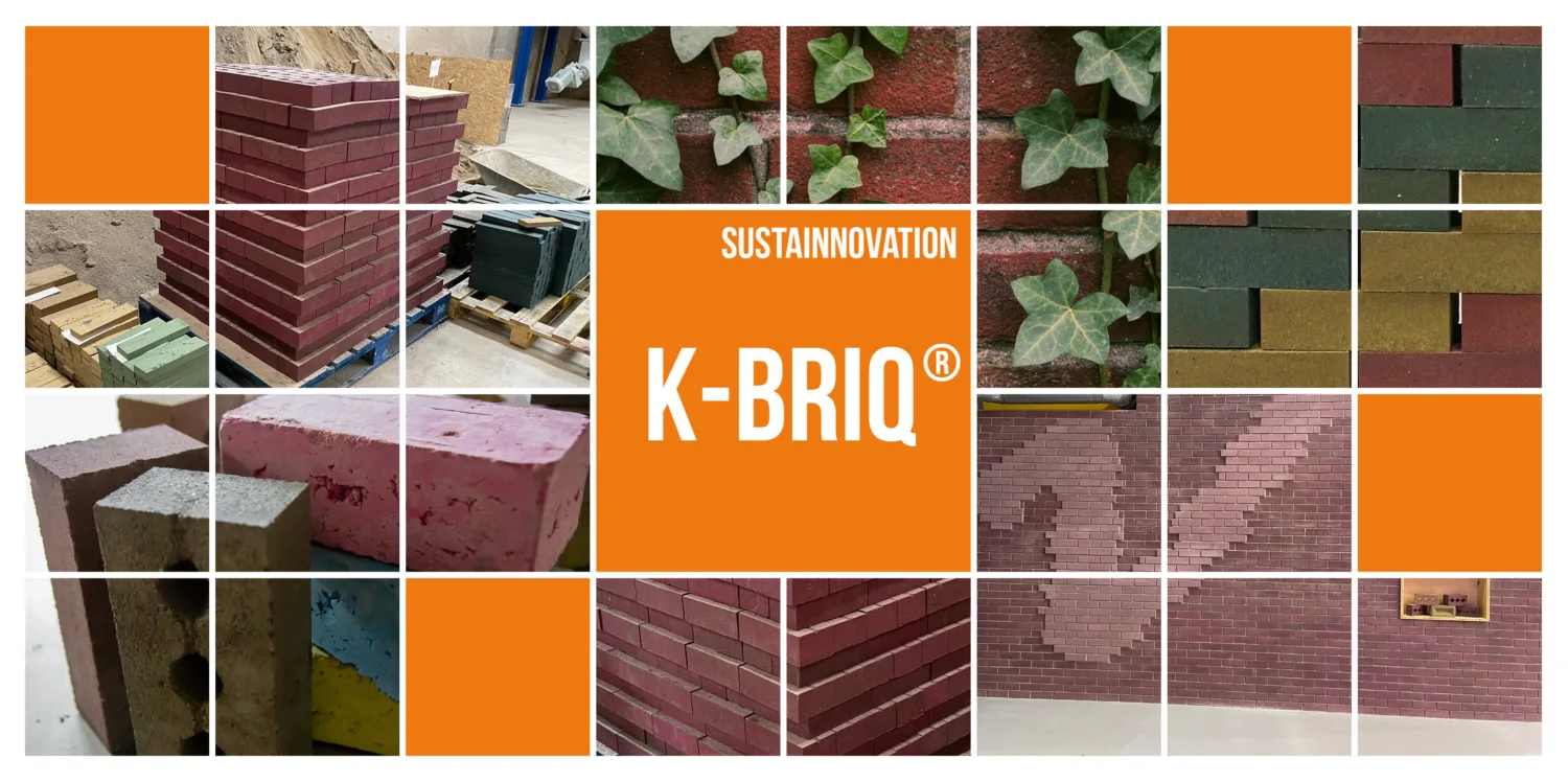 Collage of square images of bricks, surrounding a title of 'Sustainnovation - K-Briq'