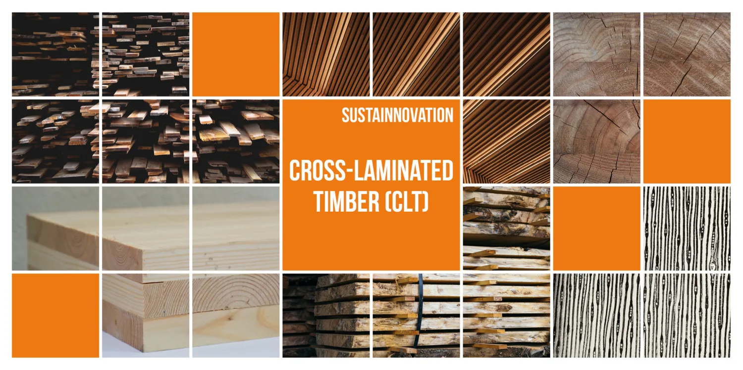 Collage of square images of layered timber panels, surrounding a title of 'Sustainnovation - Cross-laminated Timber (CLT)'