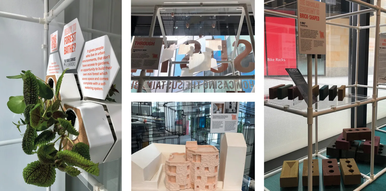 Collage of pictures of the Sustainnovation exhibition installation