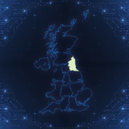 Digital map of the United Kingdom with the North-East highlighted in yellow. The map is overlaid on a blue background featuring a circuit board pattern symbolizing technology.