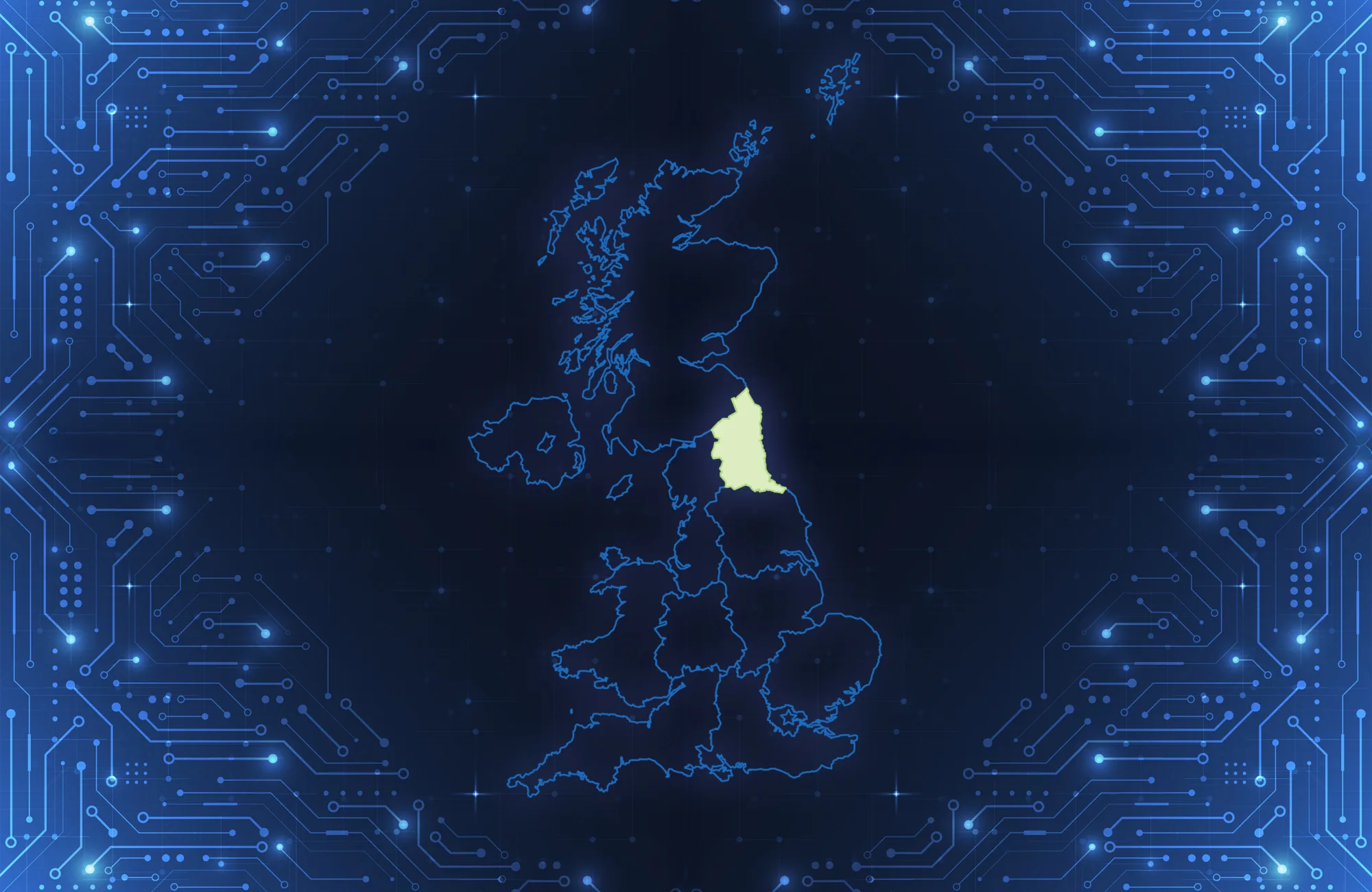 Digital map of the United Kingdom with the North-East highlighted in yellow. The map is overlaid on a blue background featuring a circuit board pattern symbolizing technology.
