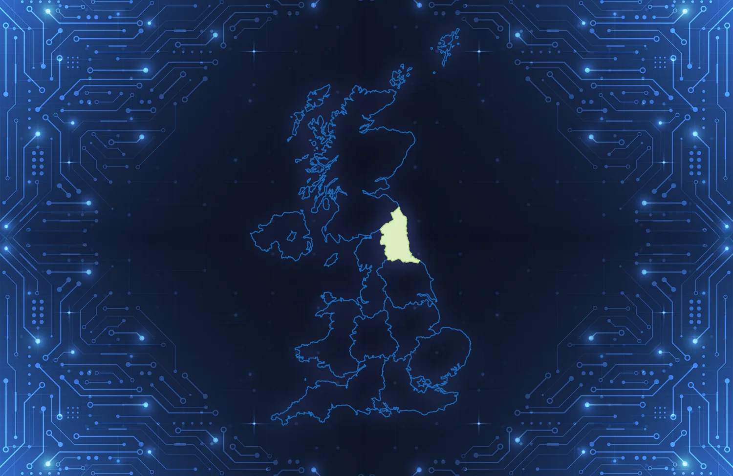 Digital map of the United Kingdom with the North-East highlighted in yellow. The map is overlaid on a blue background featuring a circuit board pattern symbolizing technology.