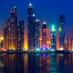 Nighttime city skyline with numerous illuminated high‑rise buildings of varying shapes, including one twisted tower. Bright multi-coloured lights reflect across calm water in the foreground under a dark blue sky.
