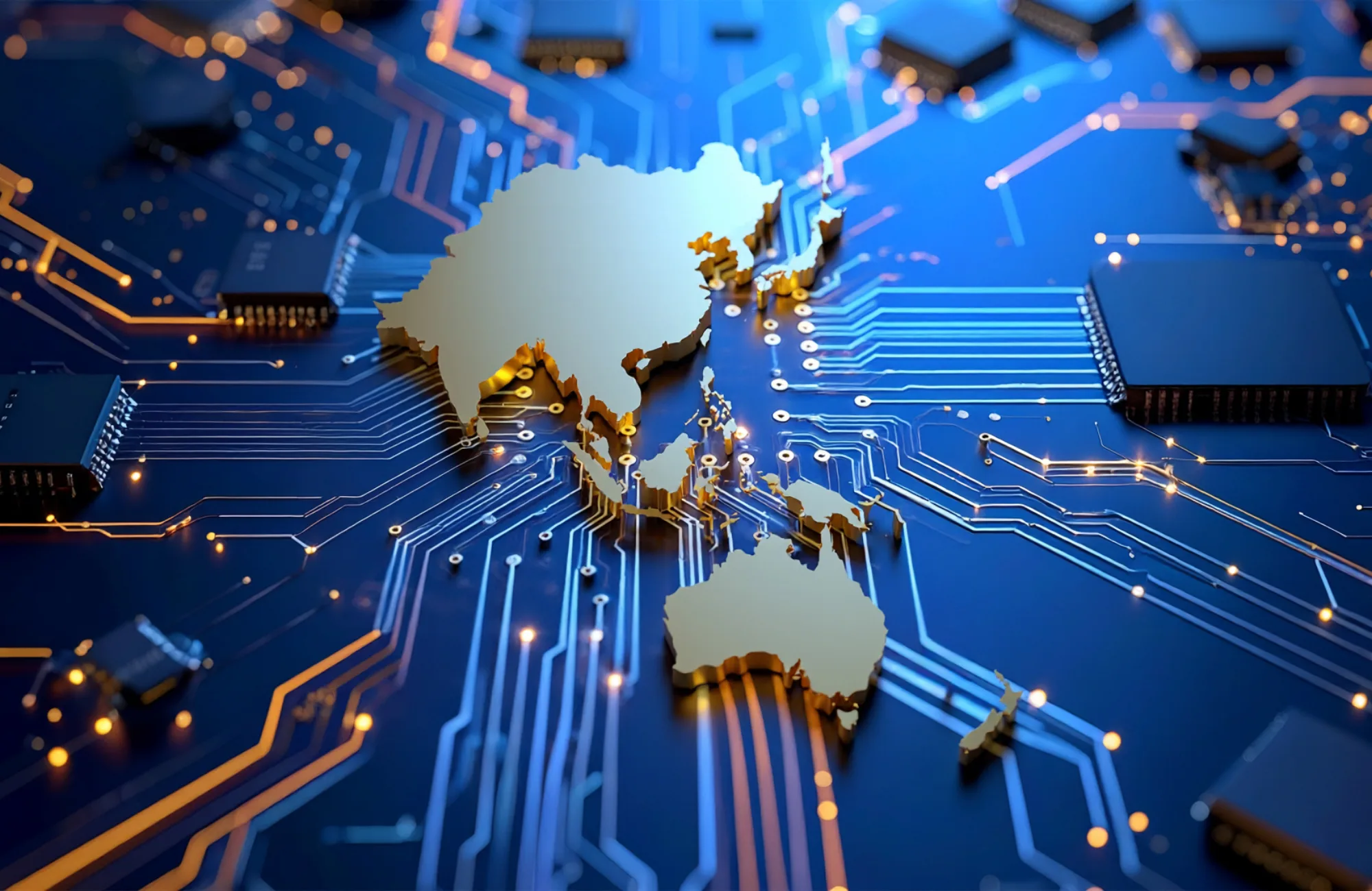 A close-up of a blue circuit board with gold pathways and multiple black microchips. At the centre, a raised gold map of APAC is integrated into the board.