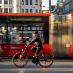A person rides a bicycle along a city street in daylight, wearing a helmet and jacket. A red tram or bus passes behind with motion blur, with tall buildings, tram lines, and street markings visible in the urban setting.