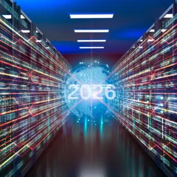 Futuristic data centre hallway with rows of server racks lit by blue and red lights; digital circuit lines converge towards a glowing globe showing “2026” at the centre.