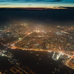 Aerial view of a city at night with illuminated streets forming a grid pattern around dark water areas. Dense clusters of lights mark buildings, with a glowing horizon and layered clouds above.