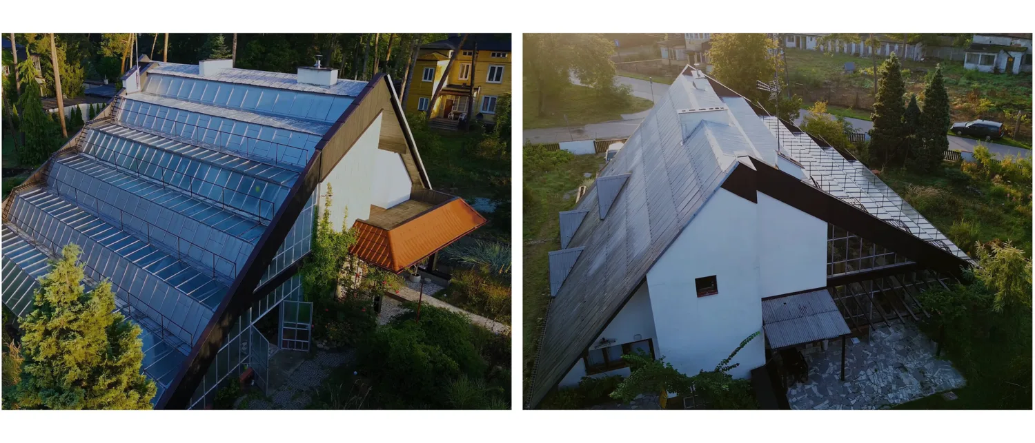 Two aerial views of a large building with steep triangular roofs and extensive glass panels. The left image shows the structure surrounded by trees and adjacent yellow buildings; the right image shows the roof and paved area near a road.