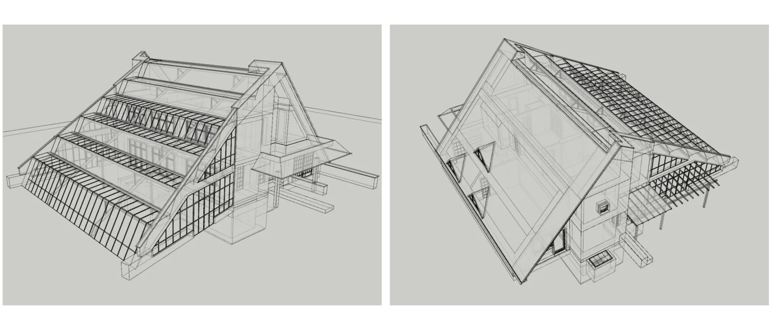 Two wireframe architectural drawings of a building with steep triangular roofs and multiple glass panel sections. The left view shows the front and side with layered frames; the right view shows the roof structure and supporting beams.