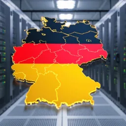 Rows of server racks with green and amber indicator lights in a data centre, featuring an outline map of Germany overlaid in black, red, and yellow horizontal stripes.