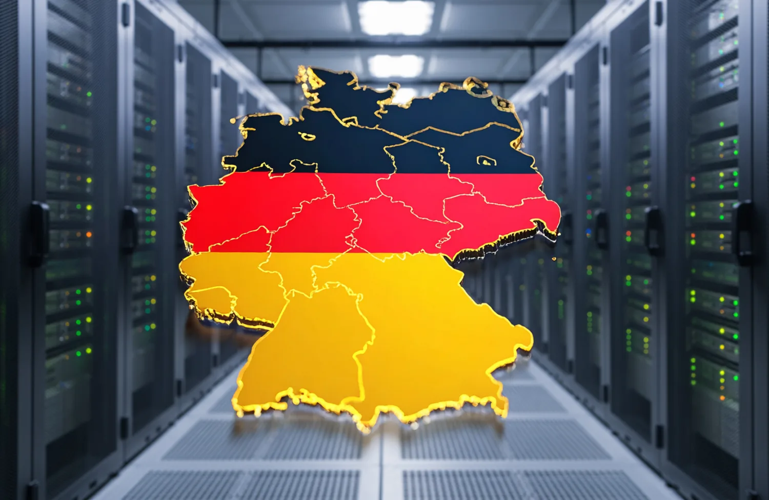 Rows of server racks with green and amber indicator lights in a data centre, featuring an outline map of Germany overlaid in black, red, and yellow horizontal stripes.